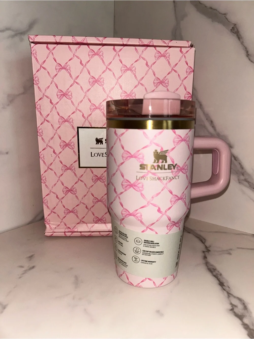 Stanley LoveShackFancy 20 oz Pink Bow Pattern Gift Set Box - Picture 5 of 5